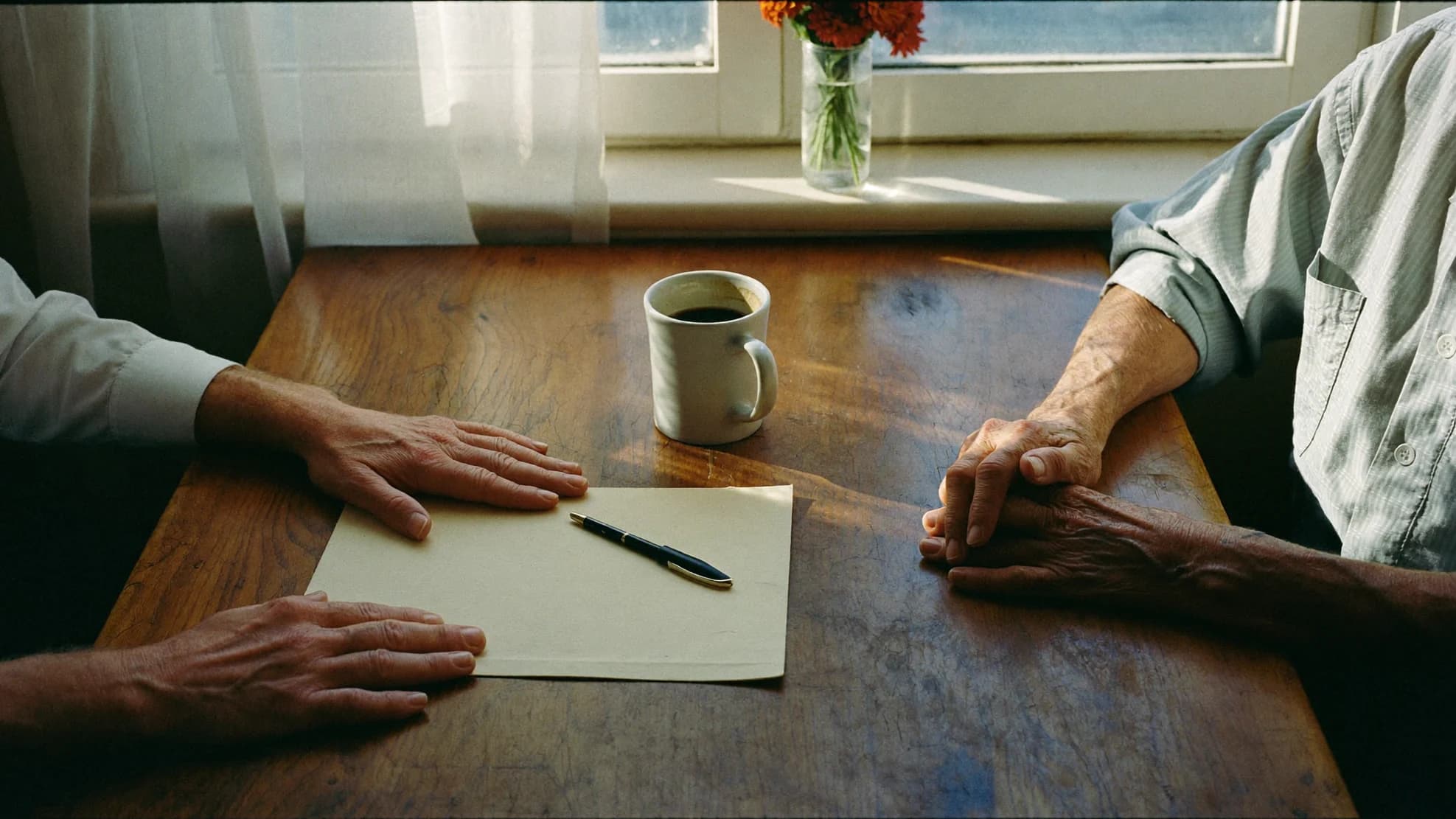 Two people seated across a kitchen table in warm afternoon light, a single sheet of paper and a pen between them